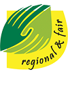 Das regional und fair Logo, mit zwei ineinandergreifenden Händen, das die Einhaltung regionaler und sozialer Standards garantiert.