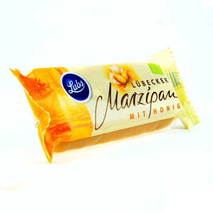 Marzipan kaufen:Ein Riegel veganes Lübecker Honigmarzipan mit hohem Mandelanteil