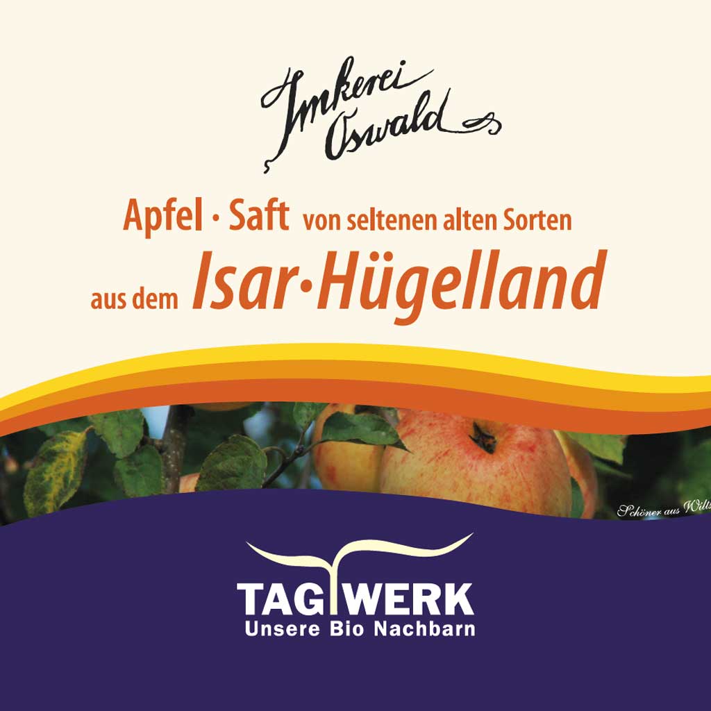 Apfelsaft Etikett von Tagwerk Bienenhof Imkerei Oswald.
