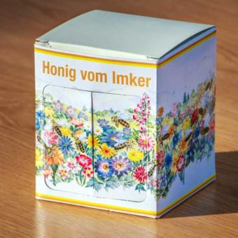 1er Geschenkverpackung "Bienen auf Blüten" Honigkarton für 1 x 500g Honigglas