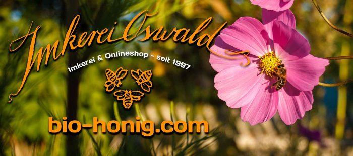 A honey bee sitting on a pink flower with the Imkerei Oswald logo super imposed.