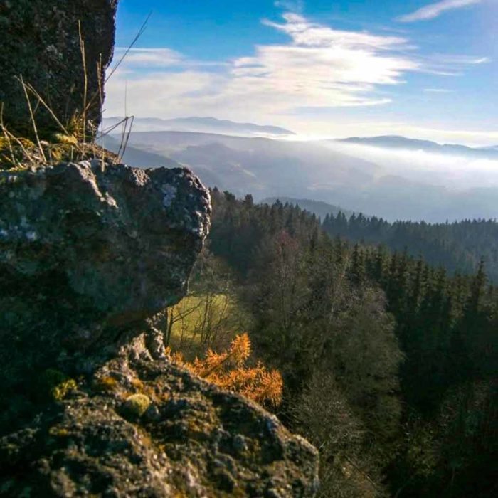 Waldgebirge mit Granitfelsen in der Mittelgebirgslandschaft des Bayerischen Waldes, von der Burgruine Neunußberg aus fotografiert