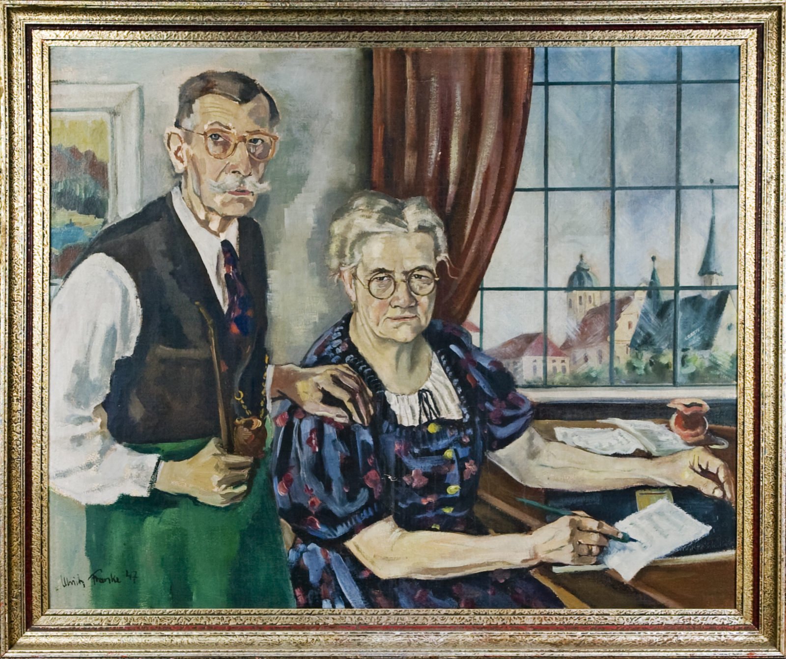 Der Glaser- und Zinngießer-Meister Franz Xaver Kraus und seine Gattin und Geschäftsfrau Veronika in einem Ölgemälde, das im Hintergrund den Wallfahrtsort Alötting zeigt.