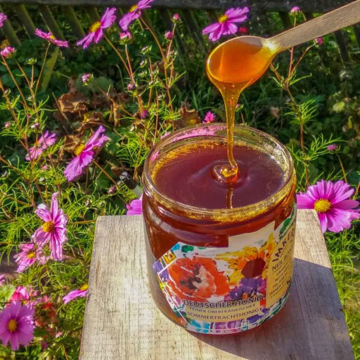 Dunkel-goldener Honig fließt in einem feinen Faden vom Holzlöffel ins Honigglas.