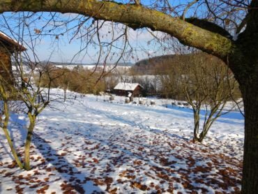 Bienenhaus von Imker Oswald im Hügelland im Schnee.