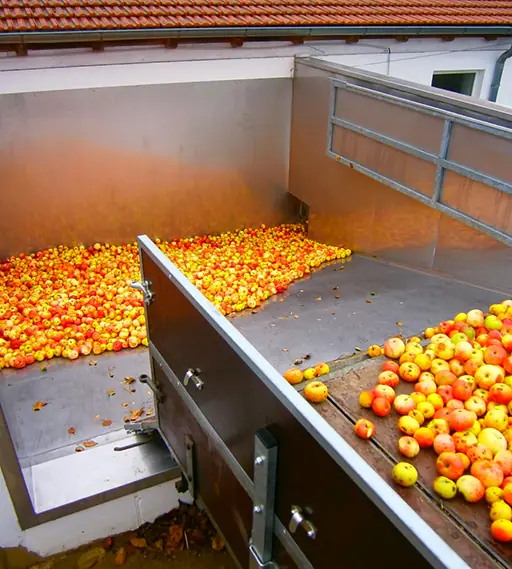Schöne gelbe Bio-Äpfel von Imkerei Oswald für den Tagwerk Apfelsaft werden abgladen. Die Äpfel fallen auf eine schräge Rampe aus Edelstahl, von wo sie in die Apfelwaschanlage befördert werden.