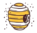 Eine Cartoon-Grafik eines altmodischen Bienenstocks, um den Honigbienen herumschwirren.