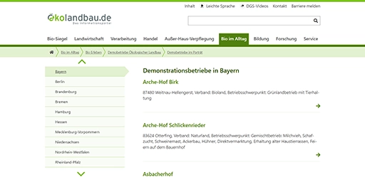 Bayerische Landesanstalt für Landwirtschaft präsentiert sich auf grün-weißer Website.