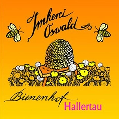 Logo Imkerei Oswald Bienenhof in der Hallertau: Ein Bienenstock mit dem Namen Oswald Bienenhof inmitten der idyllischen Hallertau.