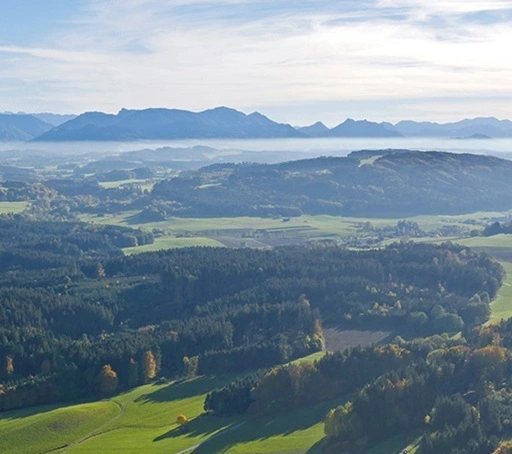 Bavarian landscape with trees and mountains in the foothills of the alps.