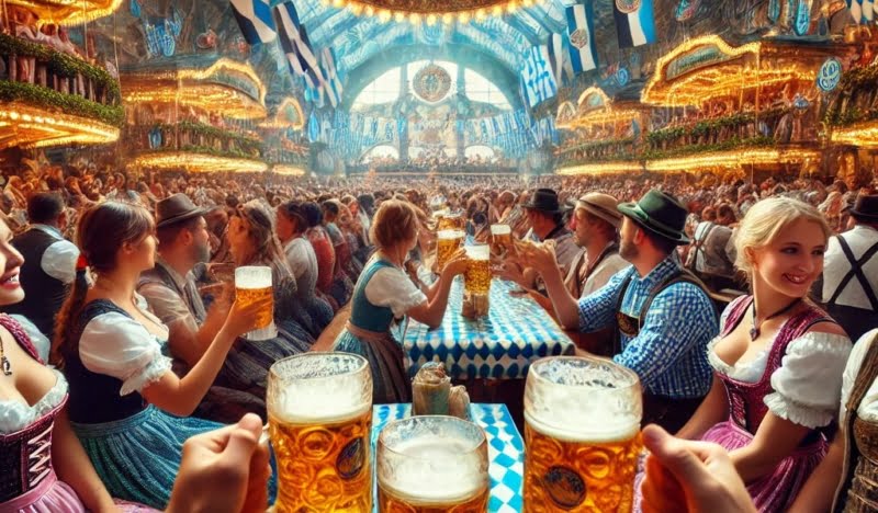 Das Stimmungsbild des Blogbeitrages: "Wiesn-Wortschatz: Oktoberfestsprache in Bairischer Mundart. Eine sprachliche Entdeckungsreise der besonderen Art anläßlich des Münchner Oktoberfestes 2024" zeigt fröhliche Menschen mit Bierkrügen in einem Wiesn-Festzelt in München.