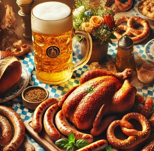 a table with food and beer