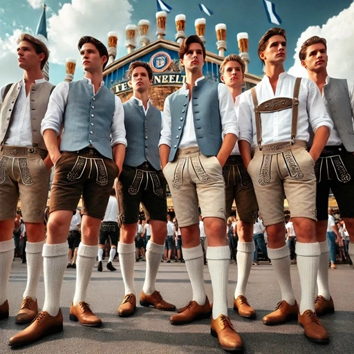 A group of young men in modern Bavarian traditional attire standing in front of the Löwenbräu Festzelt under a white and blue sky.