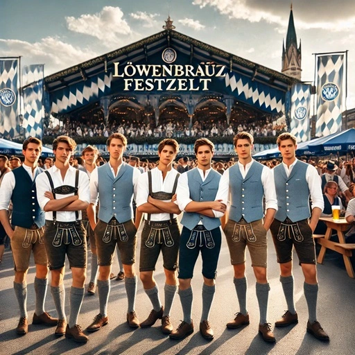 A group of 7 young German men in traditional clothes standing in front of a beer tent at the octoberfest in Munich in Bavaria.