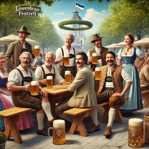 Famous Bavarian personalities in the beer garden of the Löwenbräu brewery.