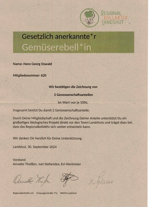 Genossenschaftsurkunde Regionalkollektiv Landshut