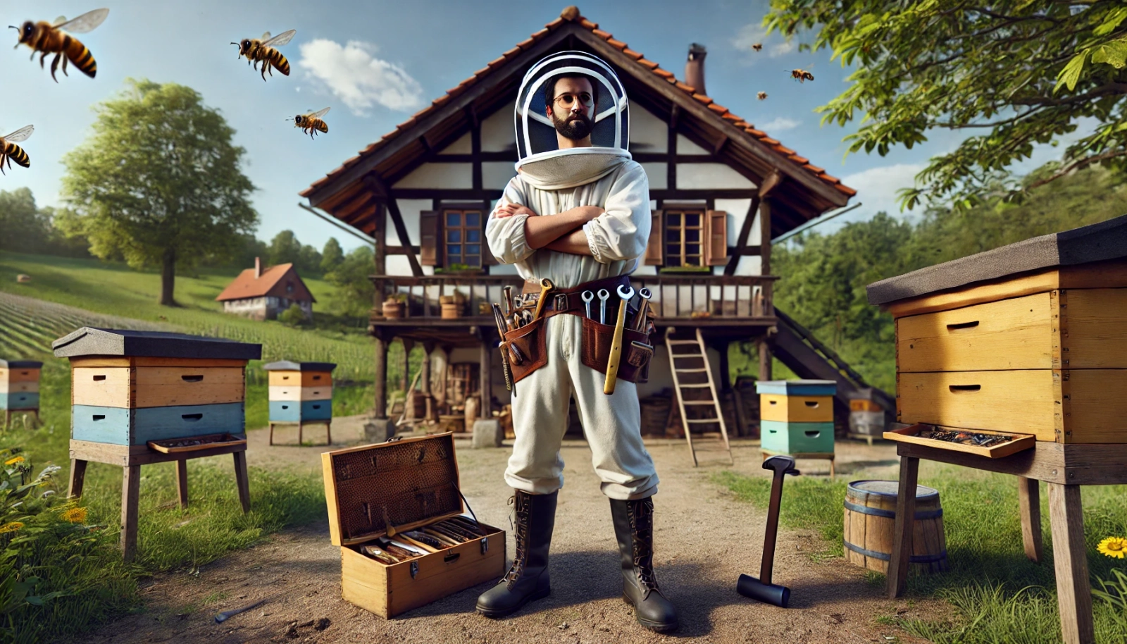 German Beekeeper next to his bees in front of his house.