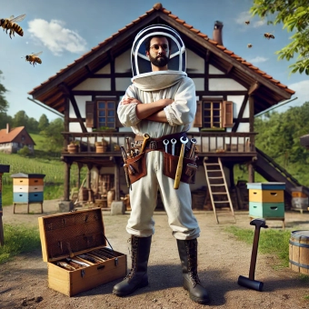 German Beekeeper next to his bees in front of his house.