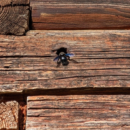 Die blauschwarze Holzbiene hat eine Nesthöhle in der Wand des alten Bauernhauses gefunden.