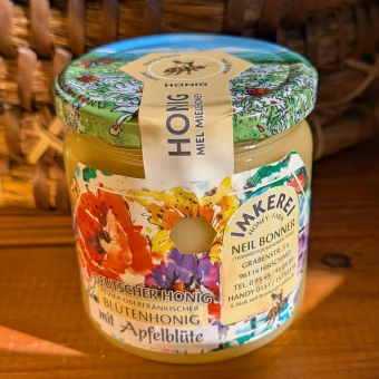 Oberfränkischer Blütenhonig mit Apfelblüte, 500g, von Streuobstwiesen aus der Gegend um Hirschaid