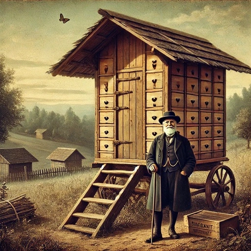 Phantasie Bienen-Wanderwagen 1872 mit Charles Dadant. Digital Artwork by Imkerei Oswald bio-honig.com