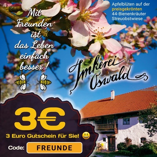 Ein drei Euro Gutschein code für Kunden von bio-honig com Onlineshop für Honig, Pollen, Bienenwachs, Propolis, Honigwein, und vieles weitere mehr.