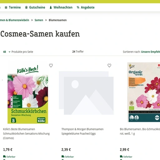 Screenshot einer Webseite mit Angeboten zu Cosmea (Schmuckkörbchen) Samen zu kaufen. Externer Link auf bio-honig.com