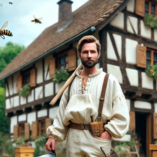 Beekeeper standing confidently in front of a rustic, half-timbered house. Digital art by Hans Georg Oswald bio-honig.com