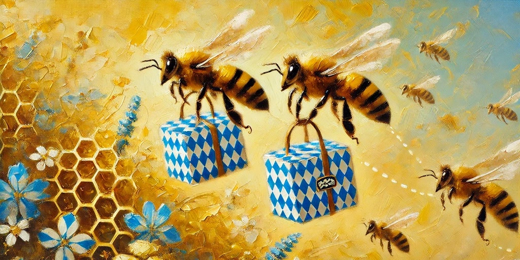 Ein impressionistisches Gemälde, das Honigbienen beim Transportieren von Paketen zeigt. Digital artwork by Hans Georg Oswald bio-honig com (Illustration zu "Versanddetails").