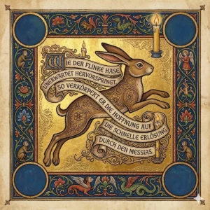 Eine quadratische Illustration im Stil einer mittelalterlichen Buchmalerei (Haggadah). Zentral im Bild ein springender, floral verzierter Hase auf Blattgold-Hintergrund, umrahmt von deutschen Textbannern zur Messias-Symbolik. Die aufwendige Bordüre zeigt religiöse Symbole wie eine Menorah, das Osterlamm, brennende Kerzen sowie Fabelwesen. In den unteren Ecken befinden sich hebräische Schriftzüge für "Jaknehas" und "Moshiach" (Messias).