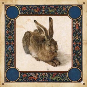 Eine detailreiche Darstellung eines sitzenden Feldhasen mit naturgetreuer Wiedergabe des Fells und wachsamen Augen. Das Feldhasenmotiv ziert die Osterkerzen von Imkerei Oswald's Bienenalm. | Aquarell von Albrecht Dürer | Der Rahmen ist eine künstlerische Interpretation von Imkerei Oswald, mithilfe von KI erstellt.