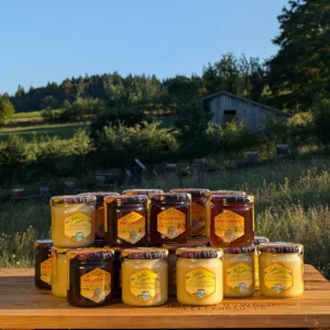 Großes 24er Honigset der Imkerei Oswald mit Gläsern von "Waldhonig Hallertau" (dunkel) und "Blütenhonig" (hell und cremig), präsentiert auf einem Holztisch vor dem Hintergrund einer sonnigen Bienenwiese und eines Waldrands. Die Etiketten sind gut sichtbar. Ideal als Geschenk oder Vorratspackung.